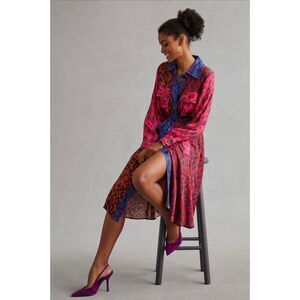 Farm Rio Mixed Leopard Button Front Midi Dress Pink Multi Size M